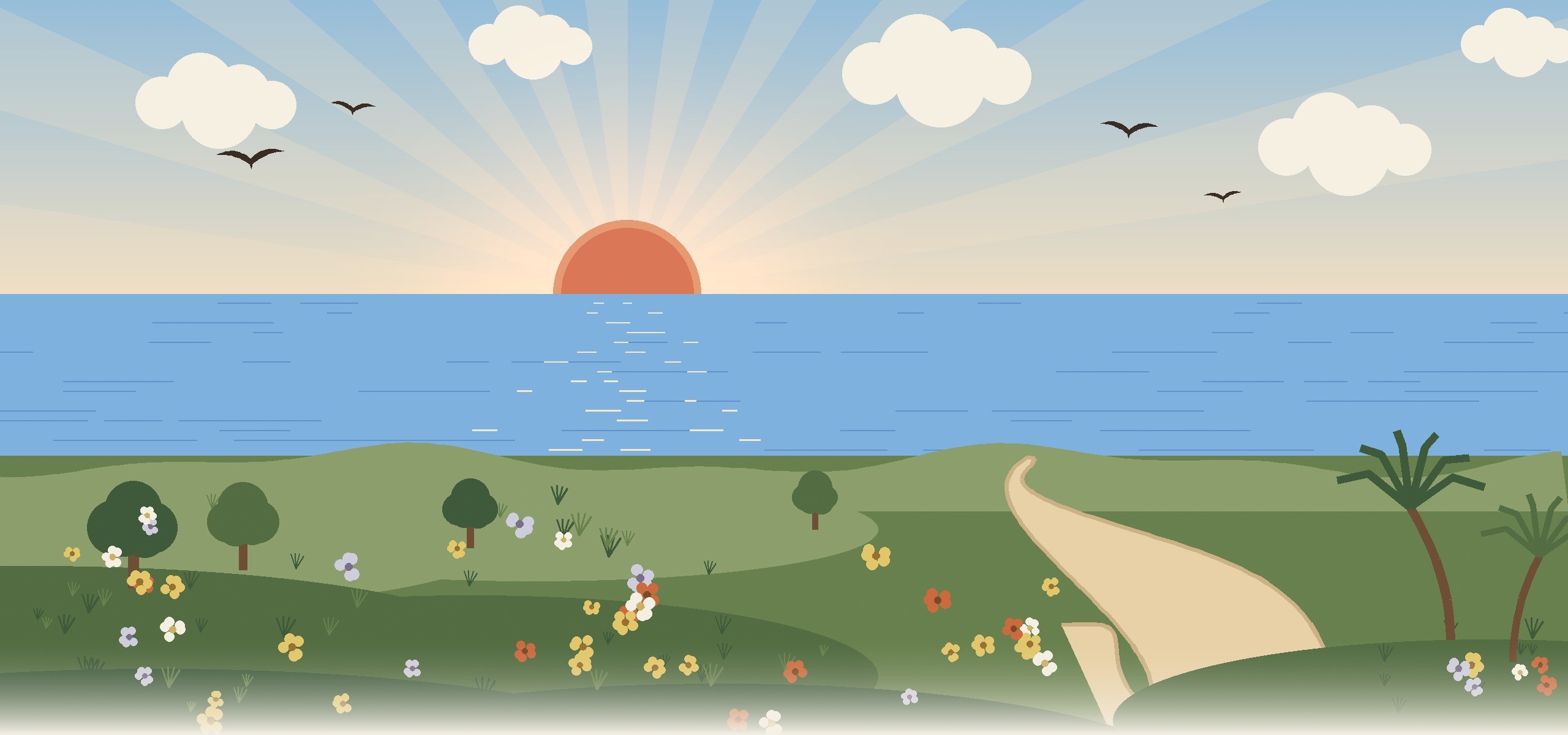 A sandy path through wildflower meadows leading to the sea and the rising sun